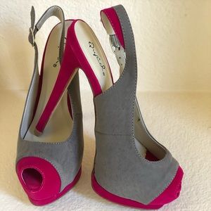 Fuchsia and grey sling back heels